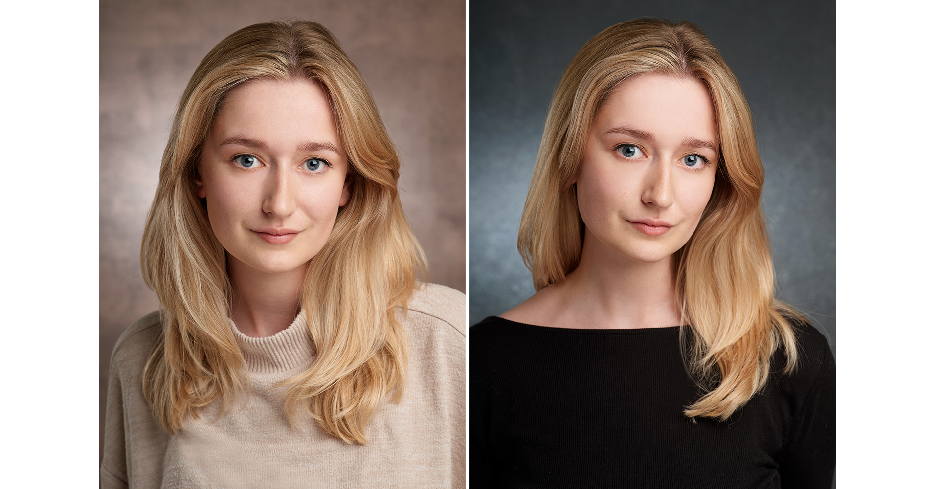 Blonde female actress head shots front of grey backdrop